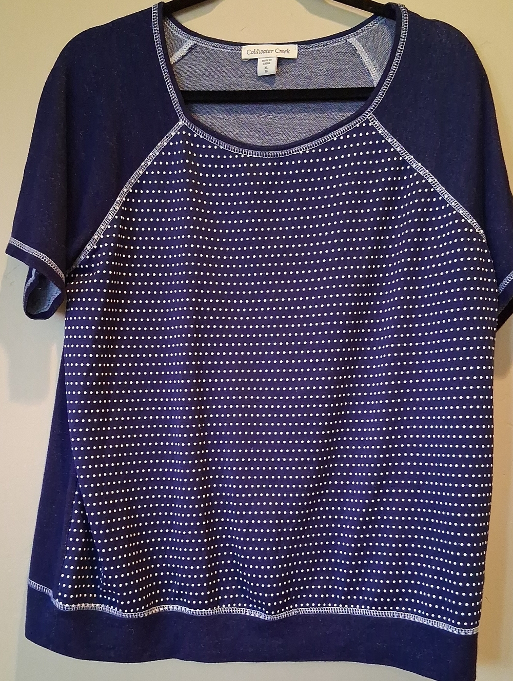 Coldwater Creek Navy and White Dot Short Sleeve Sweater